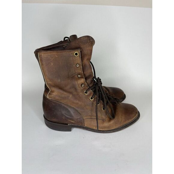 Justin Ankle Lace Up Boots Men Size 5.5C Brown Leather Block Heels - Picture 1 of 12